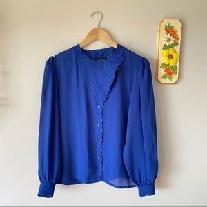 Vintage Navy Dark Blue Blouse with Leaf Embroidery Button up